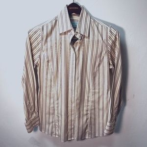 Orvis cotton/cashmere wrinkle free blouse, cream with dark fuchsia stripes - 8.
